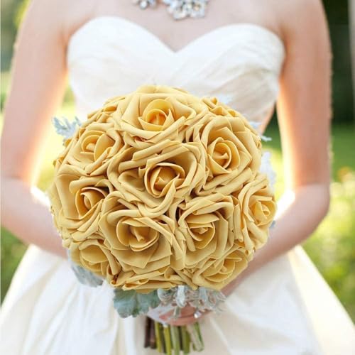 Higfra Artificial Flowers 50 Stems Realistic Roses - Lifelike Fake Flowers for Wedding Bouquets, Baby Shower Decor, Home Centerpieces, DIY Floral Arrangements (Gold, 50Pcs) - color: Gold, size: 50Pcs