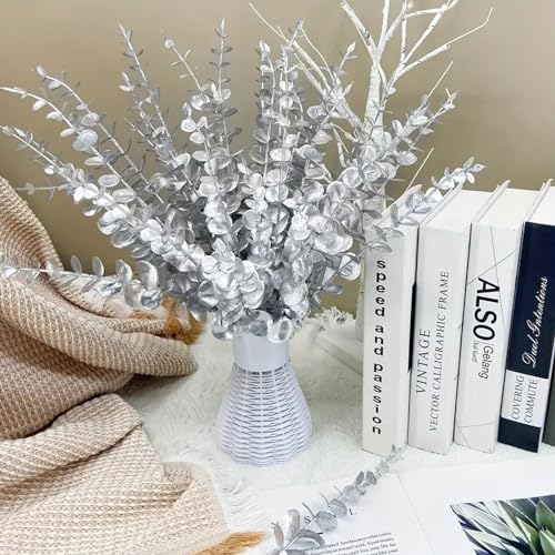 ABAJI Eucalyptus Stems 12 PCS Fake Faux Decorations with Artificial Leaves Grey Greenery Plant Leaf Suitable for Home Office House Table Desk Decor Wedding Party Vase Forever Live (Silvery) - color: Silvery
