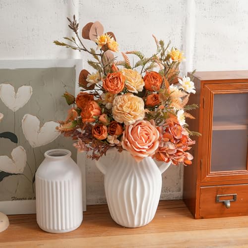 17-inch Artificial Fake Flowers Silk Flower Arrangements Faux Bouquets Consists of Ranunculus, Wild Chrysanthemums, Roses, Hydrangeas and Some Filler Greens - color: Sunset Blush