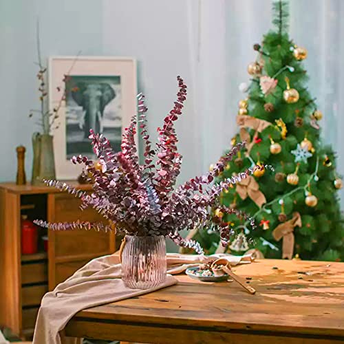 16 Pcs Dried Fall Eucalyptus Stems Red, Christmas Burgundy Dried Flowers for Vase, Home Decor, Real Eucalyptus Orange Brown, Eucalyptus Plant, 17" Fall Floral Stems Decorations Arrangement