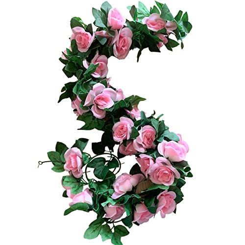 2 Pack Artificial Rose Vine Garland Fake Roses Flowers Plants Vines Hanging Floral Leaves Decoration for Wedding Party Table Garden Arch Wall Home Room Decor(Pink) - color: Pink, size: 【2 Pcs】