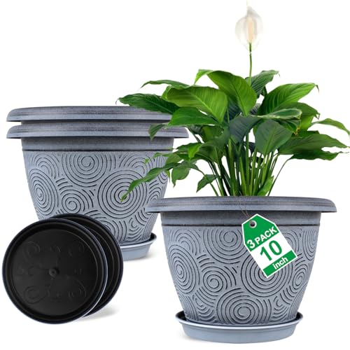10 Inch Flower Pots Planters for Indoor Outdoor Plants, 3 Pack Plastic Large Plant Pots with Drainage Hole & Tray, Modern Decorative Garden Pot with Saucer, Plant Container for House - color: Blue, size: 10 inch-3 pack