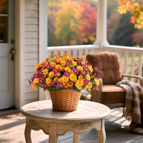 Fake Mums Spring Artificial Flowers for Outdoor Decoration, 6 Bundles Faux Silk Daisy Flowers Realistic UV Resistant No Fade Fake Plants for Home Patio Porch Garden Window Box Decor(Purple Orange) - color: Purple Orange