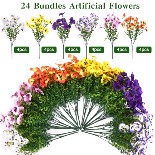 CEWOR Artificial Flowers for Outdoor Indoor, Fake Silk Pansy with Eucalyptus Leaves, Faux Flower for Garden Front Door Porch Planter Patio Home Decor (24 Bundles, Yellow White Purple Pink Orange Blue) - color: 6 Color Pansy