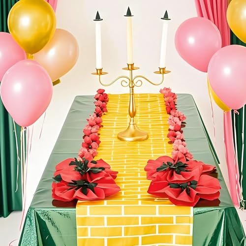 48 Pcs Witch Party Decoration Green Include Holographic Tablecloth and Gold Yellow Brick Table Runner with Artificial Red Poppy Flowers for Witch and Princess Party Supply (Brick) - color: Brick