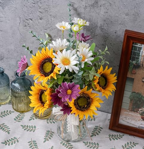 Artificial Faux Flowers in Vase for Home, Fake Flowers Arrangment with Pot, Sunflower Silk Daisy Bouquet for Fall Spring & Summer Decor Coffee Table Dinning Room Kitchen Centerpiece Table Decorations - color: Purple