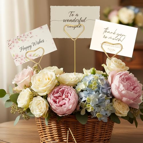 40Pcs Floral Card Holder Picks Gold Metal Wire Flower Card Stick 12 Inch Picture Photo Memo Gift Cards Holder Sticks for Floral Arrangement Bouquet Wedding Decoration Flower Pick for Cards Heart