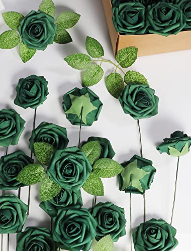 50pcs Artificial Flower，Real Touch Foam Roses w/Stem DIY for Wedding Bouquet Centerpieces Party Shower Home Decor-Green boxpack - color: Green