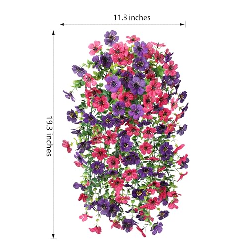 HyeFlora Artificial Flowers for Outdoors Decoration, 2Pcs Fake Hanging Spring Summer Decor, Purple and Hotpink Realistic Plants, UV & Fading Resistant Silk Flower for Porch Patio Balcony Planter Yard - color: Darkpurple+hotpink