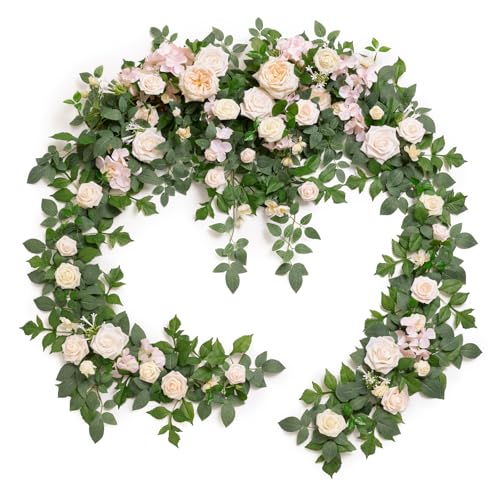 Ling's Moment 9FT Spring Flower Garland for Backdrop Decorations - Wedding Arch Flowers, Eucalyptus & Rose, Artificial Floral Garland for Mantel - Sweetheart Table Decor for Reception, Cream - color: Pk-cream