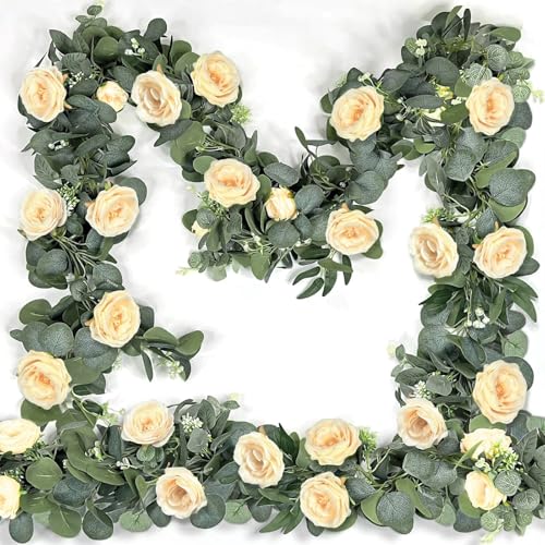 2 Pack Spring Artificial Eucalyptus Flower Garland with Champagne Roses, 13FT Fake Flower Greenery Floral Vines Green Garland for Wedding Arch Table Runner Backdrop Mantle Home Decorations (Champagne) - color: Champagne & Green (2p)