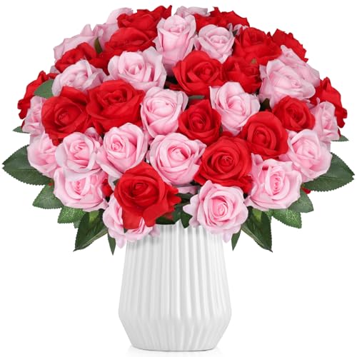 30pcs Red Pink Roses Artificial Flowers, Silk Faux Roses, Realistic Red Flowers for Wedding Centerpieces, Cake, Bridal Bouquets, Home Decor, Anniversary, Valentine's Day Decoration - color: Red + Pink
