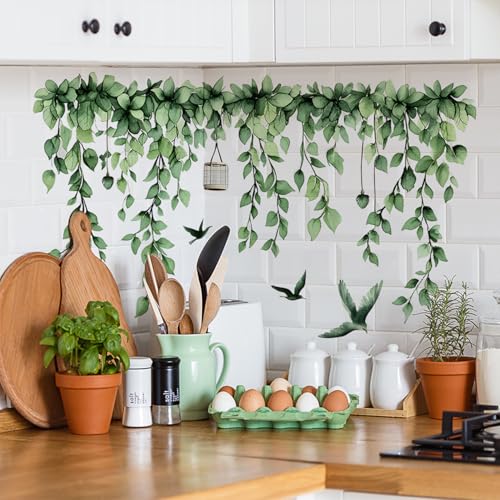 2 Sheets Green Plants Leaves Wall Decals Removable Green Hanging Vines with Birds Wall Stickers Peel and Stick Vinyl Leaf Wall Decor for Bedroom Living Room Bathroom Classroom Decorations - style: Green Plants Leaves 2