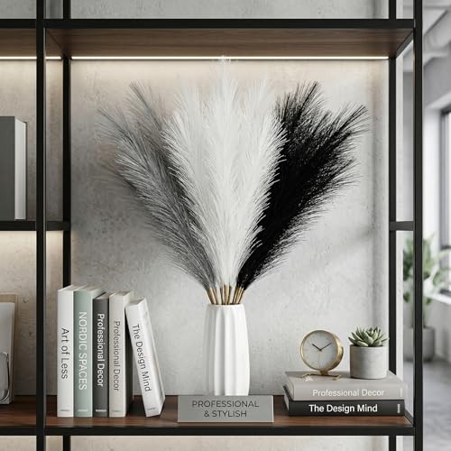 30Pcs Artificial Pampas Grass Decor - 21.7" Fluffy Black White Grey Faux Flowers for Vase, No Shed Boho Room Decor, Wedding Table Centerpieces & Photography Props - size: Black White Grey