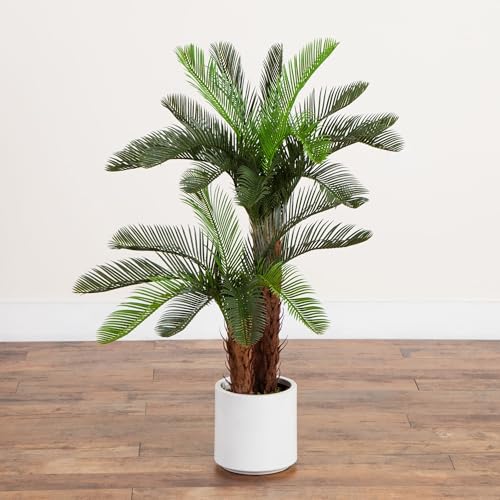 Nearly Natural 40in UV Resistant Artificial Double Cycas Palm Tree in White Planter