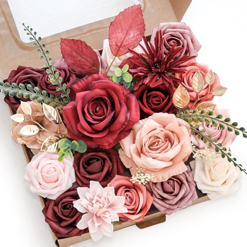 Artificial Flower Box Set Silk Fake Flowers DIY Center Cake Decoration Wedding Bouquet Corsage Home Decor Outdoor Decor Gift (Cream red) - color: Cream Red