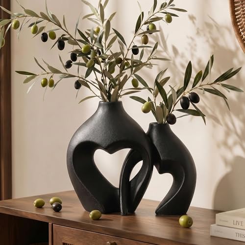 Black Ceramic Flower Vases Home Decor Heart Shaped Vase Set of 2 | Nordic Heart Shaped Vases Minimalist Decorative Vase for Table Centerpiece Wedding Dining Living Room Office House Decoration - color: Black