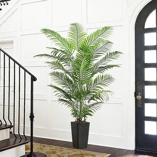 Artificial Palm Tree Indoor, 6FT Fake Floor Plants Large Tropical Silk Plant with Black Square Planter, Faux Areca Palm Plant Artificial Tree in Pot for Home Room Office Outdoor Patio Decor