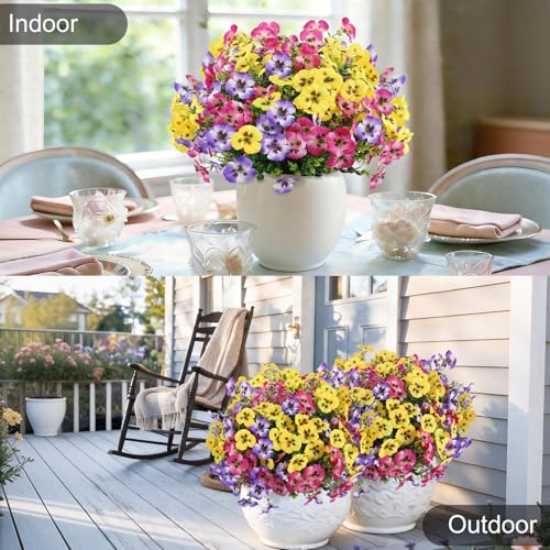 Artificial Pansies Flowers for Outdoor Faux Flower Spring Summer Decor, 12 Bundles Realistic Fake Silk Flowers Outside UV Resistant for Porch Patio Garden Home Window Box Planter Rose Purple Yellow - color: Rose Purple Yellow