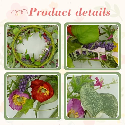 YNYLCHMX 20" Spring Summer Wreaths for Front Door, Artificial Floral Wreath with Green Eucalyptus Leaves, Green Foliage Wreath for Wall Window Farmhouse Party Holiday Home Decor - color: Red,yelllow, Purple Daisies