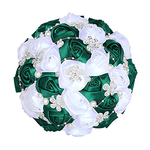 Sharebeauty 8.3 Inch Handmade Satin Rose Bridal Bouquet Toss Round Wedding Bouquet Throw Toss Artificial Flower Bunch Deep Green + White - color: W224 G/Deep Green/White, size: 8.3"/21cm