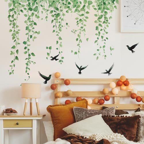 Green Plants Leaves Wall Decals Removable Green Hanging Vines with Birds Wall Stickers Peel and Stick Vinyl Waterproof Leaf Wall Decor for Bedroom Living Room Bathroom Classroom Decorations - style: Green Plants Leaves 3