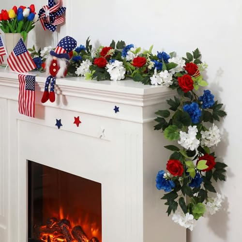 5 ft Red White Blue Flower Garland with Lights for Mantel Patriotic 250th Anniversary 4th of July Garland Decoration Memorial Independence Day Flexible Floral Decor for Door Stair Table - color: Red, White, Blue, style: Patriotic Flower