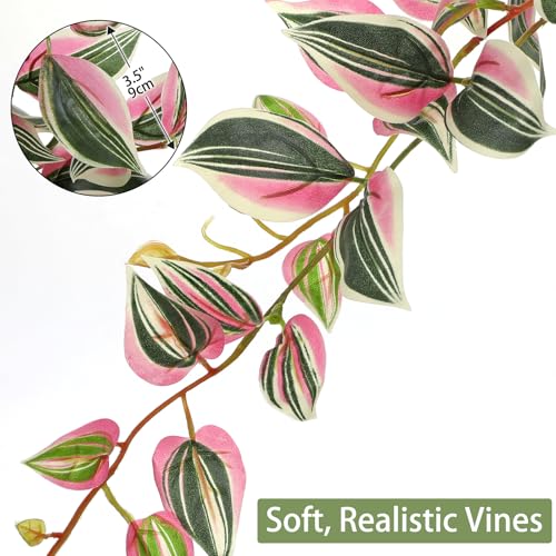 DILATATA Fake Plants Artificial Potted Plants 20 Inch Faux Peperomia Ivy Vine Plant Hanging Plant for Home Office Desk Shelf Indoor Outdoor Decor - color: Wandering Jew-green&pink