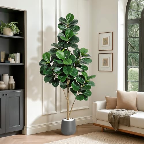 6 ft Fiddle Leaf Fig Tree Artificial with 108 Leaves - Realistic Faux Ficus Lyrata Trees in 9 in Grey Planter Pot, Indoor Fake Floor Plants for Home Office Living Room Decor, Housewarming Gift - color: With Black Planter, size: 6ft