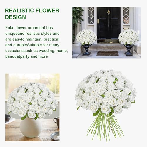 Artificial Flowers Roses Touch Fake Rose Bouquet Flower Stem for Wedding Centerpieces DIY Wreath Home Decorations Silk Roses Mothers Party Fake Outdoor Flowers Decor 19.6"(50PCS White) - color: White 50pcs