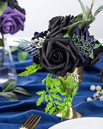 DuHouse 25Pcs Artificial Roses Flowers Fake Roses with Stems Real Touch Foam Flowers for DIY Wedding Bouquet Centerpiece Halloween Floral Arrangement Party Home Decor(Black) - color: Black, size: 25pcs