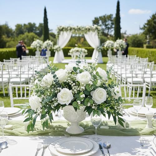 HUAHUA Mixed Artificial Eucalyptus Leaves Stems Bulk,Fake Greenery Plants Faux Silver Dollar Eucalyptus Leaves for DIY Bouquets Centerpiece Floral Arrangement Home Wedding Decor (120, Green/White) - color: Green/White