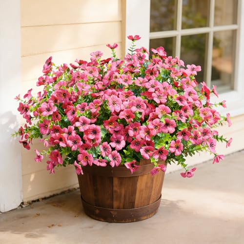 12 Bundles Artificial Flowers for Outdoor UV Resistant and Realistic, Faux Daisy Fake Flowers with Eucalyptus Leaves for Porch, Patio, Planter, Window Box, Home, Garden Decor - color: Rose Red