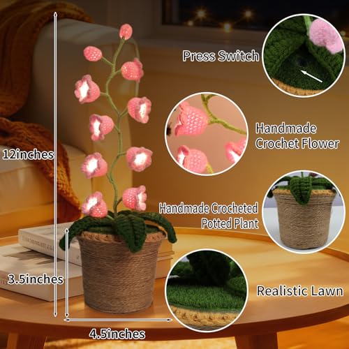 Lily of The Valley Lamp, Crochet Artificial Flowers with 10 Little Night Lights, Cordless Flower Bedside Lamps Small Table Lamp for Mothers Day,Birthday Gifts,Christmas,Valentine Home Decor (Pink) - color: Pink