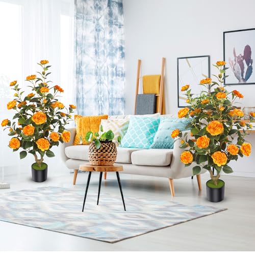 2Pack 39.37"/3.28FT Artificial Camellia Trees with 32 Flowers in Cement Pots – Lifelike Fake Trees for Front Porch, Home, Indoor Outdoor Spring Decor, Office or Housewarming Gifts (Orange) - color: Orange, size: 3ft 3inx2
