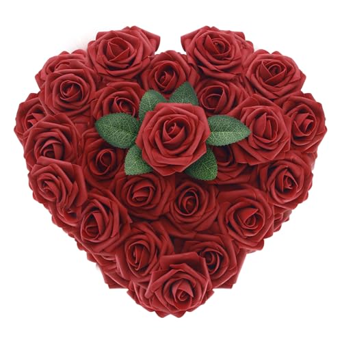 [25PCS] Deep Red Roses Artificial Flowers with Long Stem Real Touch Fake Foam Roses for Decoration DIY Wedding Bouquets Centerpieces Bridal Shower Flower Arrangements Home Decor - color: Winered