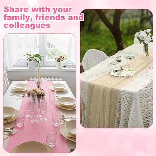 6 Pcs Pearl Tulle Table Runners Bohemian Country Tulle Lace Table Runner 120 Inch 10 Ft White Champagne Pink Lace Fabric for Home Dining Wedding DIY Craft - style: Pearl