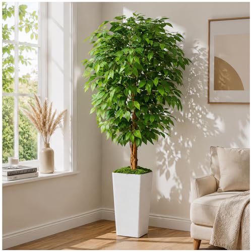 5FT Artificial Ficus Tree, 60 Inch Realistic Faux Silk Ficus Floor Plant with White Planter & Moss, Tall Fake Potted Tree for Indoor Home Office Living Room Corner Decor - color: White, size: 5ft