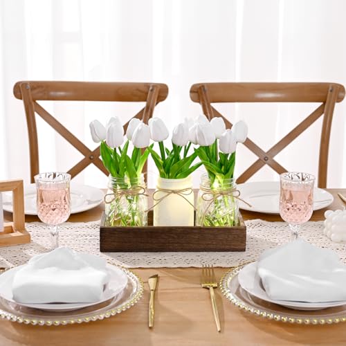 BLEUM CADE Mason Jar Centerpiece Table Decorations, Mason Jar Lights Centerpiece for Kitchen Dining Table Farmhouse Coffee Table Wedding Home Decor with 3 Jars Tulips Artificial Flowers & Wood Tray - color: White-tulips