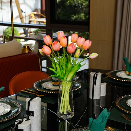 4 Budles (20Pcs) Tulips Artificial Flowers 13" Latex Fake Flowers for Wedding Home Decor (Coral) - color: Coral