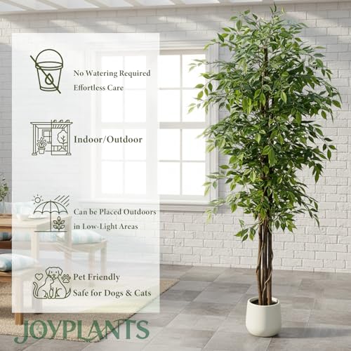 7ft Tall Artificial Ficus Tree in White Pot, Straight Trunk Fake Ficus Tree with Lush Green Leaves, Faux Potted Plant for Indoor Outdoor Home Office Living Room Patio Decor