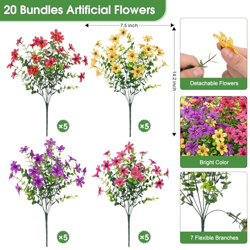 Bassion 20 Bundles Artificial Flowers for Outdoors Decorations, UV Resistant Faux Plants Fake Silk Flowers for Outside Daisy Hanging Planters Window Box Front Door Porch Patio Yard Home Decor - color: Mix Color