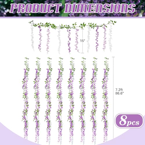 Thiccywoov 8pcs Wisteria Artificial Flowers Garland, 7.2Ft/Piece Wisteria Hanging Flowers Garland for Wedding Arch Decoration Outdoor Ceremony Home Backdrop Garden (Light Purple,Dark Purple,White) - color: Light Purple, Dark Purple, White