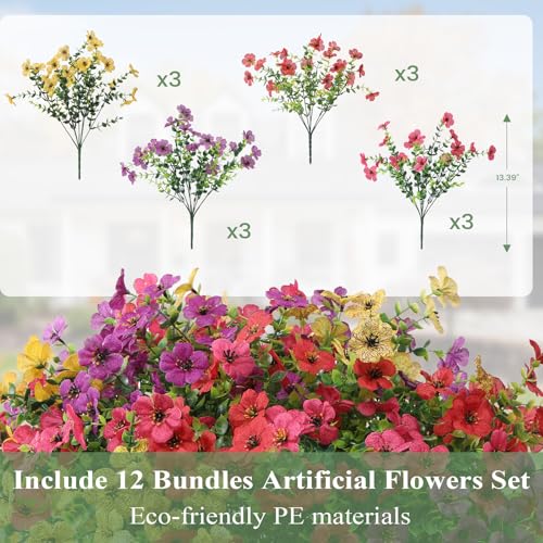 Artificial Flowers for Outdoors 12 Bundles, UV Resistant Colorful Fake Silk Flower Outdoor Planter Garden Decor Indoor Decorations - color: Mix Red Yellow Purple Hot Pink, size: 12PCS