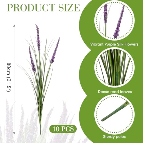 Jexine 10 Pcs Artificial Lavender Outdoor 31.5" Tall Faux Flowers Grass Stems UV Resistant Fake Outdoor Plants for Porch Planter Garden Patio Front Door Home Wedding Decor - color: Purple, size: Spike Lavender
