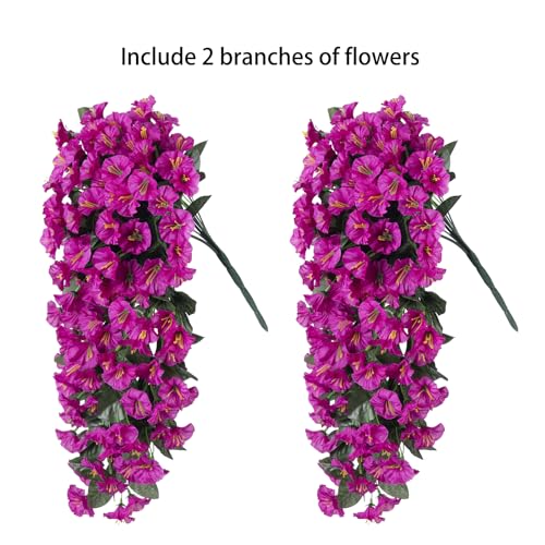 Fake Flowers for Outdoor Spring Decoration, 2 Bundles Artificial Silk Fuchsia UV Resistant Lifelike Morning Glory Long Trailing Vines for Hanging Planter Porch Patio Decor - color: Fuchsia