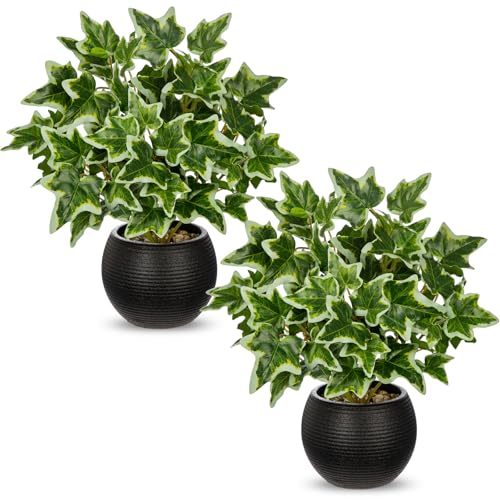 2 Packs Artificial Plants in Black Pot, 12" Faux Plant | Realistic Tradescantia Zebrina Fake Plants Potted Decorative for Home Kitchen Office Desk Bookshelf Decor - color: White-green