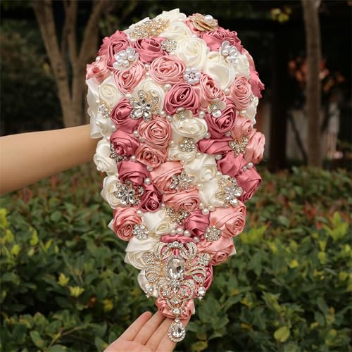 Handmade Satin Rose Water Drop Bridal Bouquet,8.7inch Crystal Wedding Round Tossing Bouquet,Jewelry Proposal Bridesmaid Bouquet Groom Corsage Bride Wrist Flower Ivory (07#Ivory Deep Pink) - color: 07#ivory Deep Pink