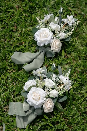 Set of 6 White Bridesmaid Bouquet, Sage Green Bridal Bouquets for Bridesmaids,Small Wedding Bouquet,for Wedding, Ceremony, Anniversary, etc,Artificial Flowers - color: White & Sage Green