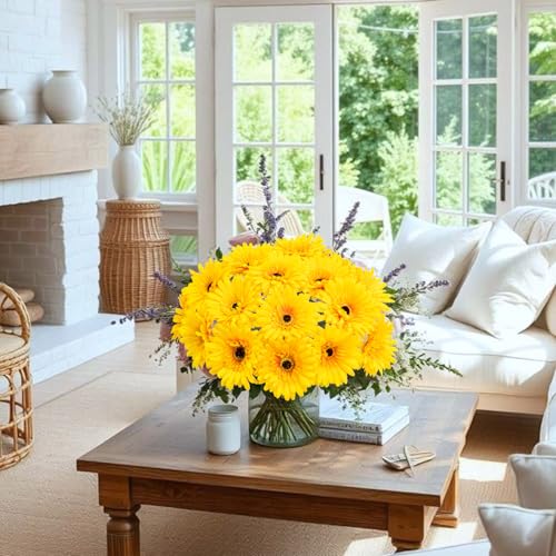 20 Pcs Fake Silk Gerbera Daisy Artificial Flowers with Stems Faux Daisies Flower Bulk for DIY Art Crafts Home Wedding Party Vase Centerpieces Tables Garland Wreath Decoration (Yellow) - color: Yellow